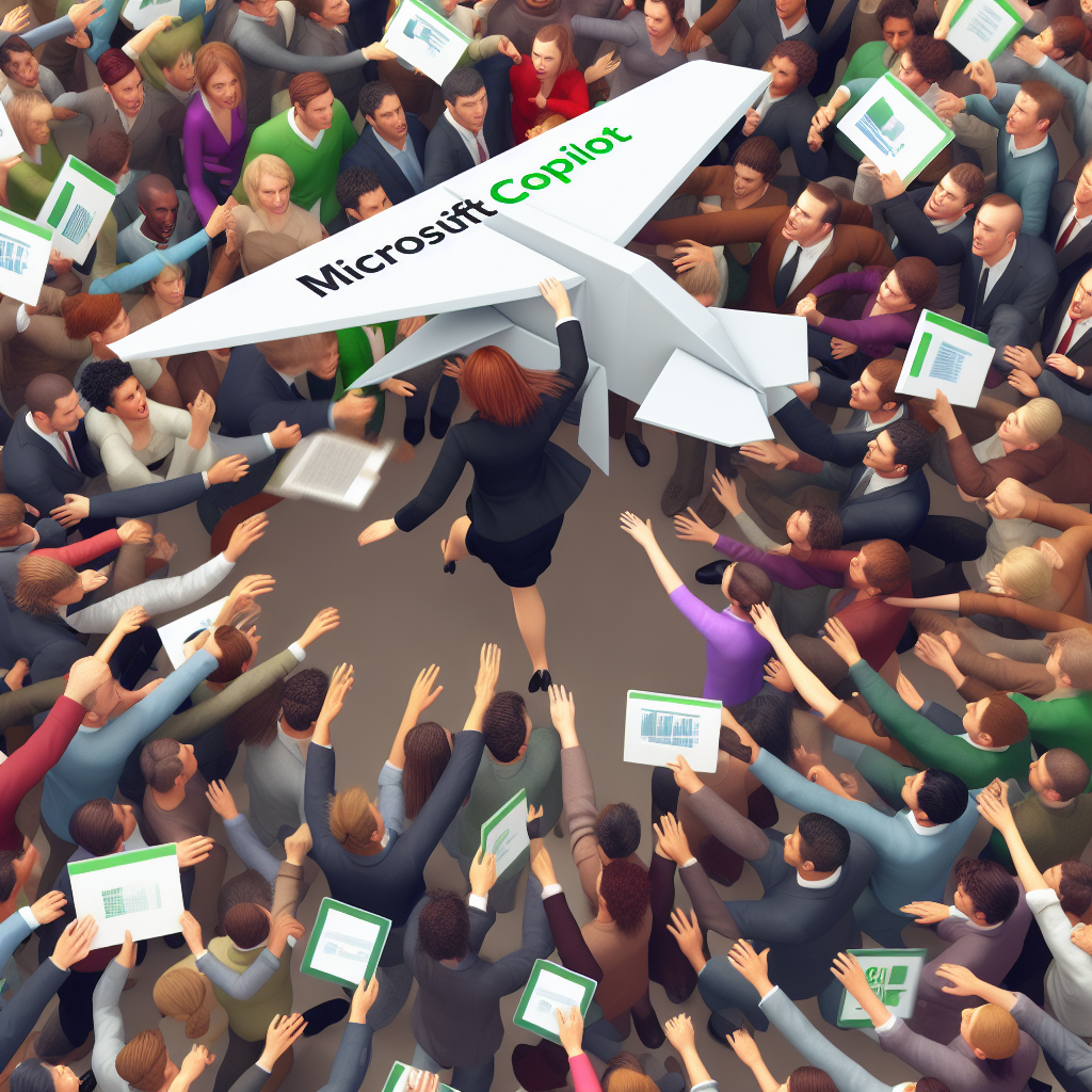 A person fighting through a dense crowd of people trying to sell them Microsoft Copilot consulting services, as origami, created by Microsoft Designer