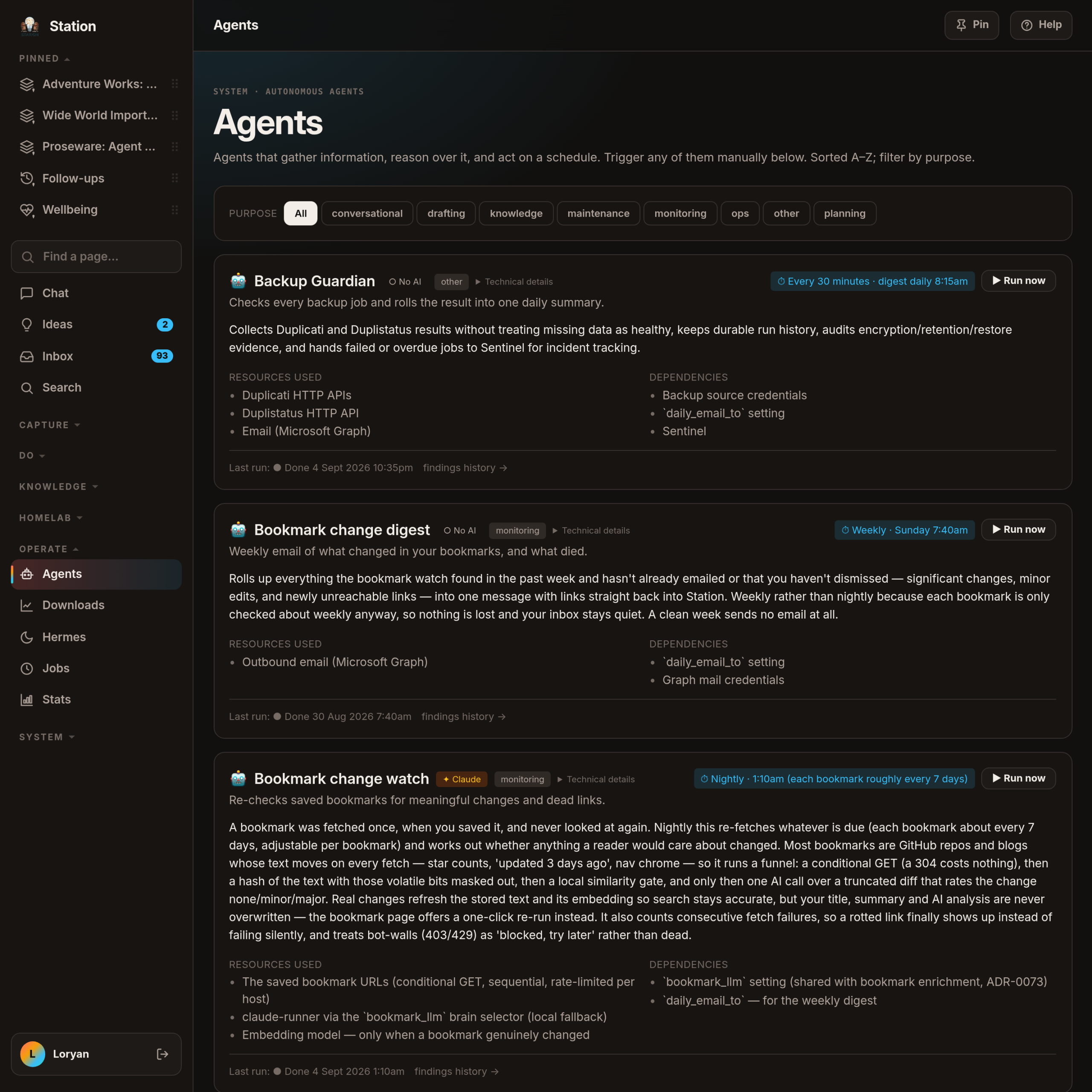 The Agents screen: every helper as a card with its schedule, what it leans on, which brain does its thinking, and when it last ran.