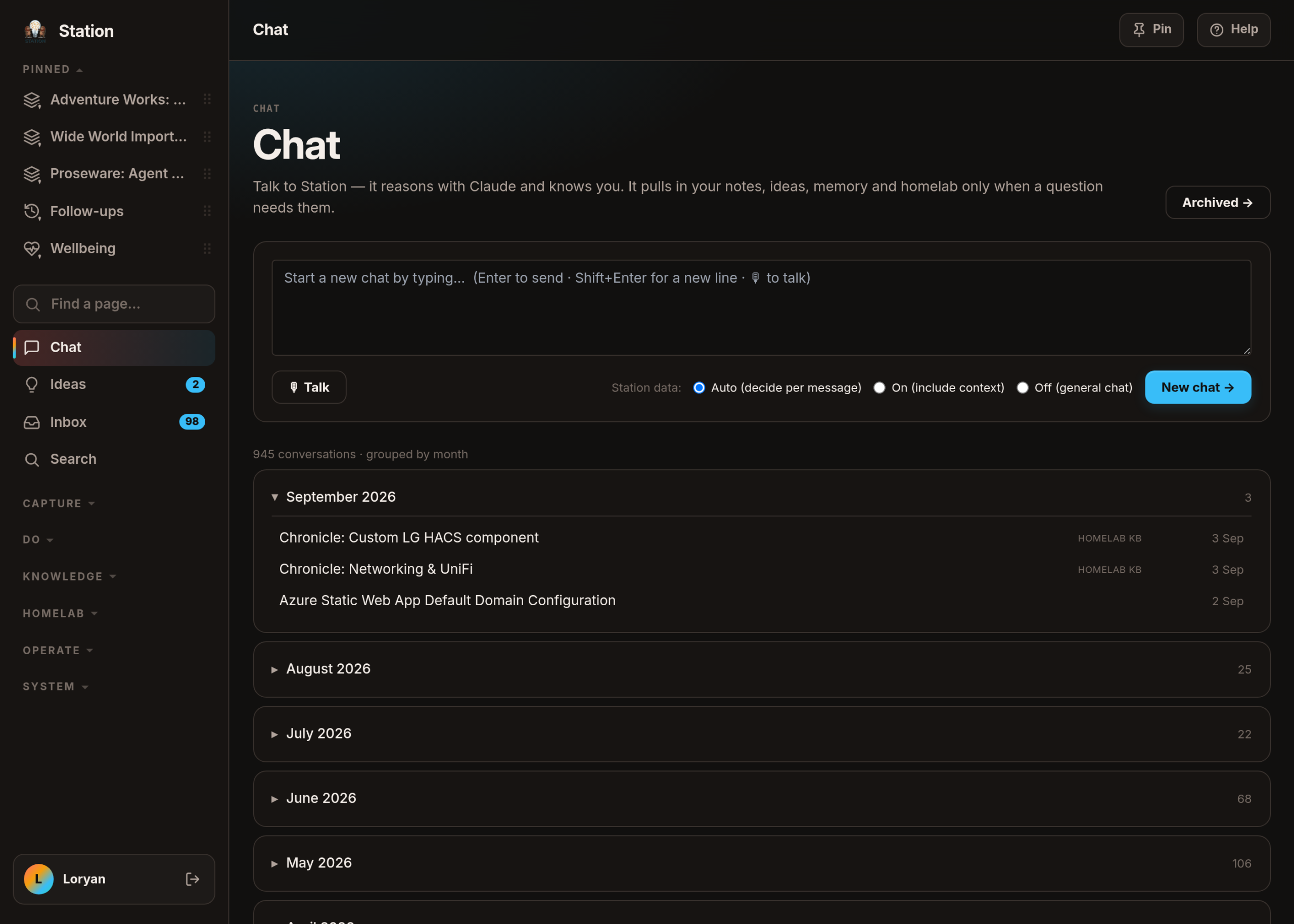 The Chat screen: a box to start a new conversation with a Talk button and a three-way control for whether the reply may use my own material, above every past conversation grouped by month.