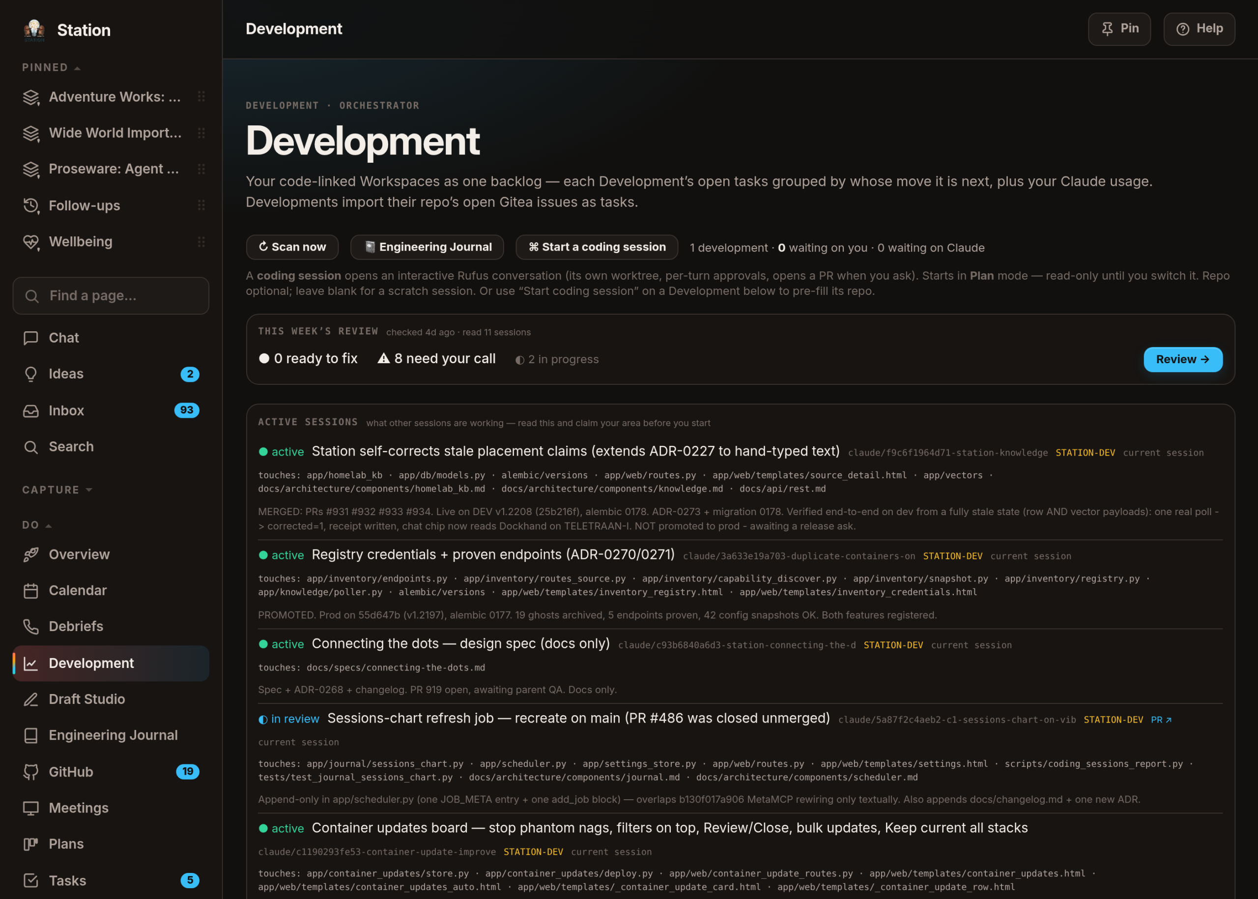 The Development board: work for each repository grouped by whose move it is next.