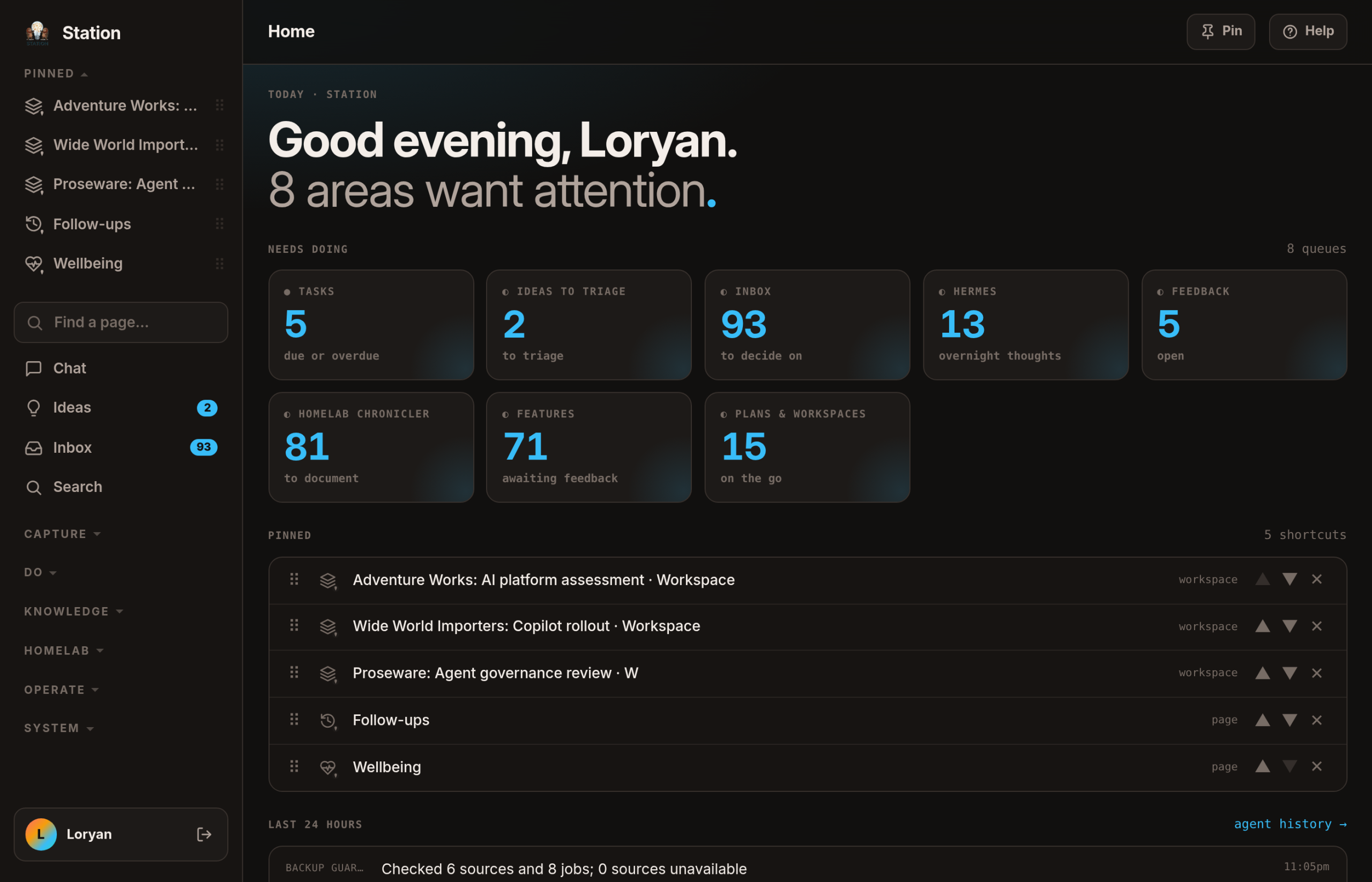 Station's front page on 3 September 2026: a left sidebar with pinned workspaces and grouped menus, a greeting reading "8 areas want attention", eight queue tiles counting what is waiting, a list of pinned shortcuts, and the last twenty-four hours of agent activity.