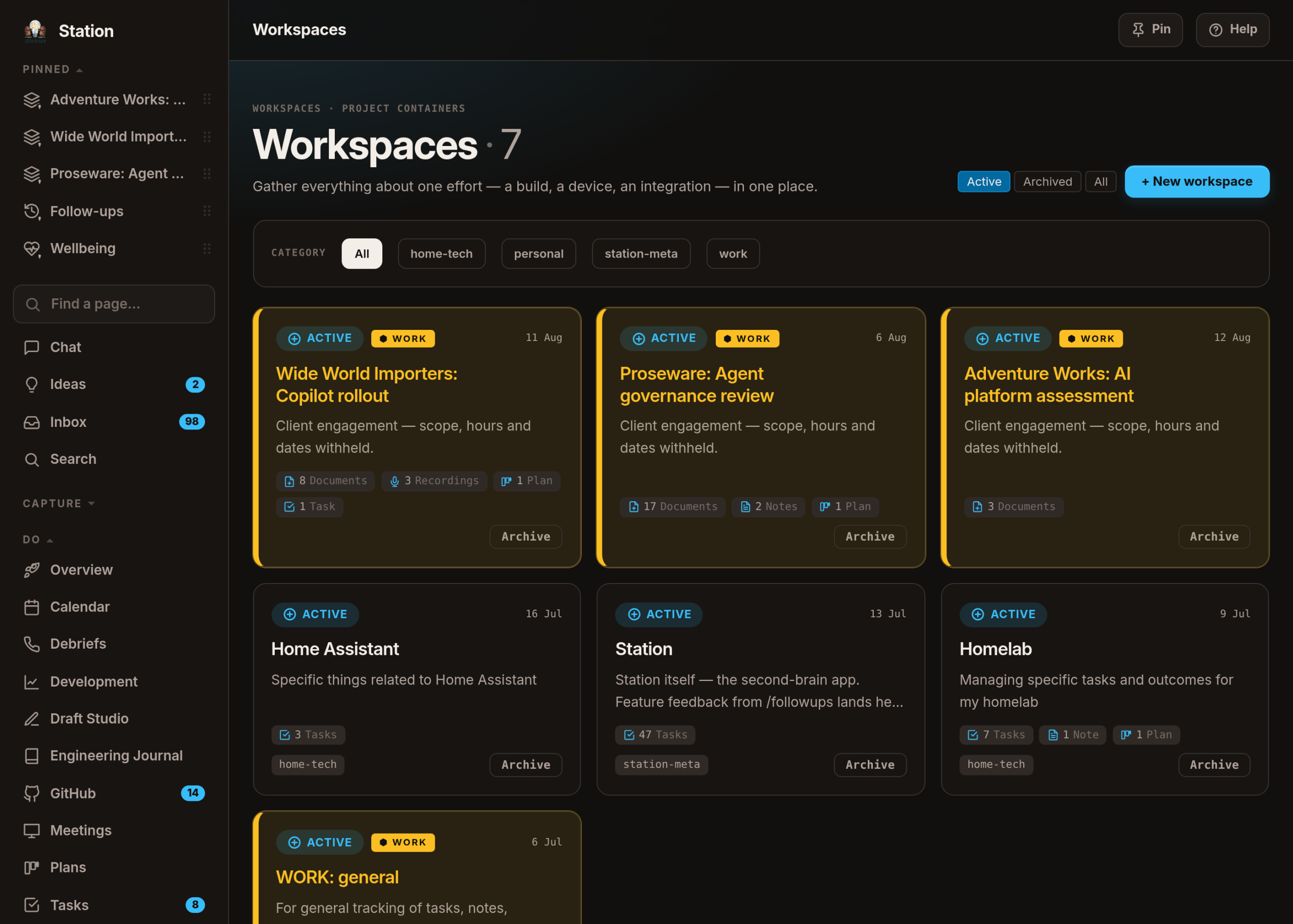The workspaces list: each effort in its own card, with the client ones badged as work.
