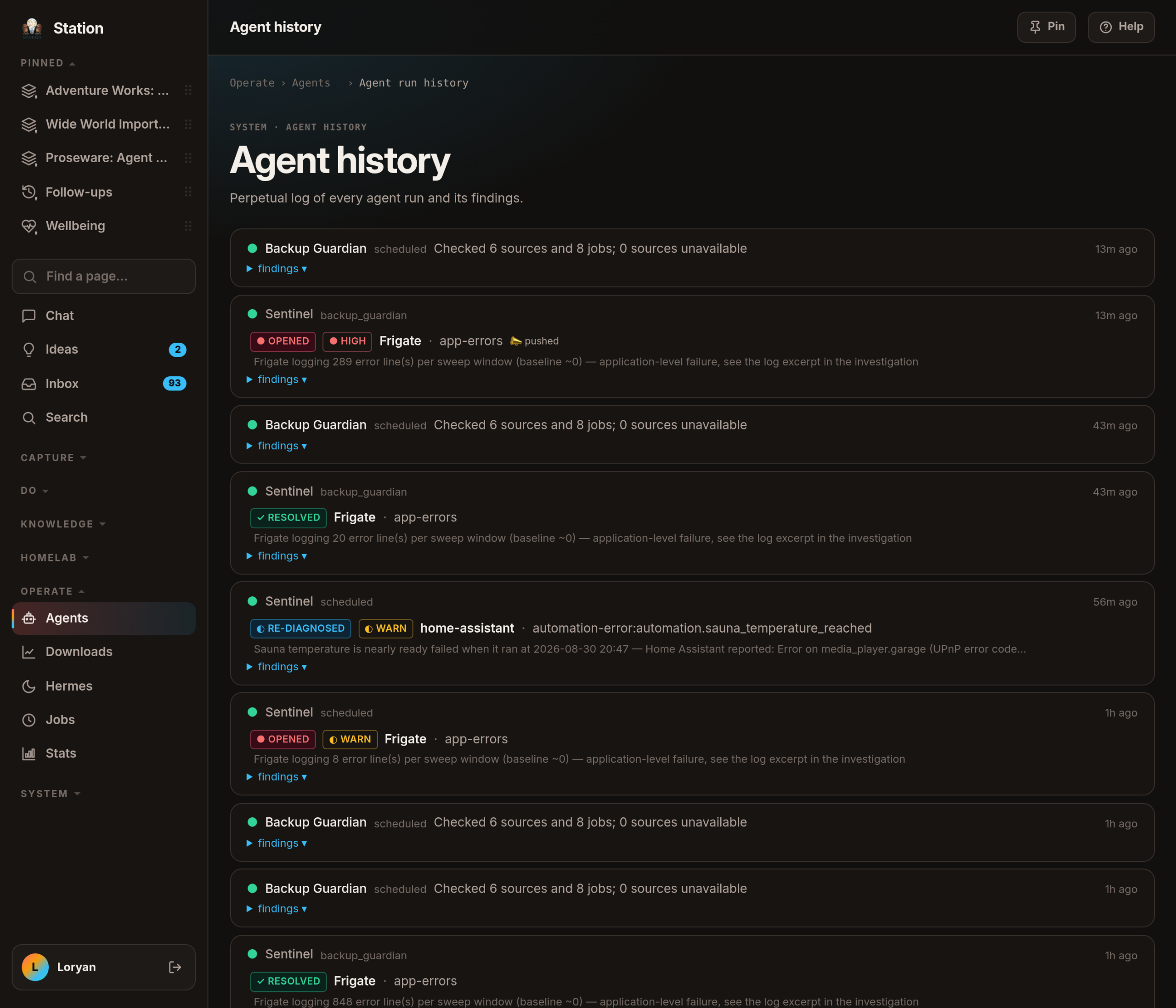 The agent run history: every run any helper has ever done, with chips saying whether a finding opened, worsened, was re-diagnosed or resolved.