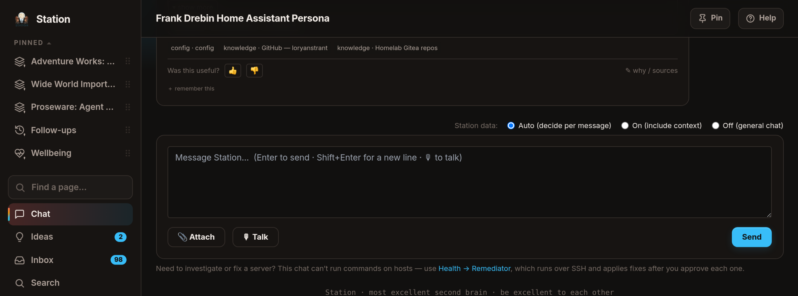The bottom of a conversation: the sources the answer used, a thumbs up and down, a remember-this link, and the message box with Attach, Talk and Send.