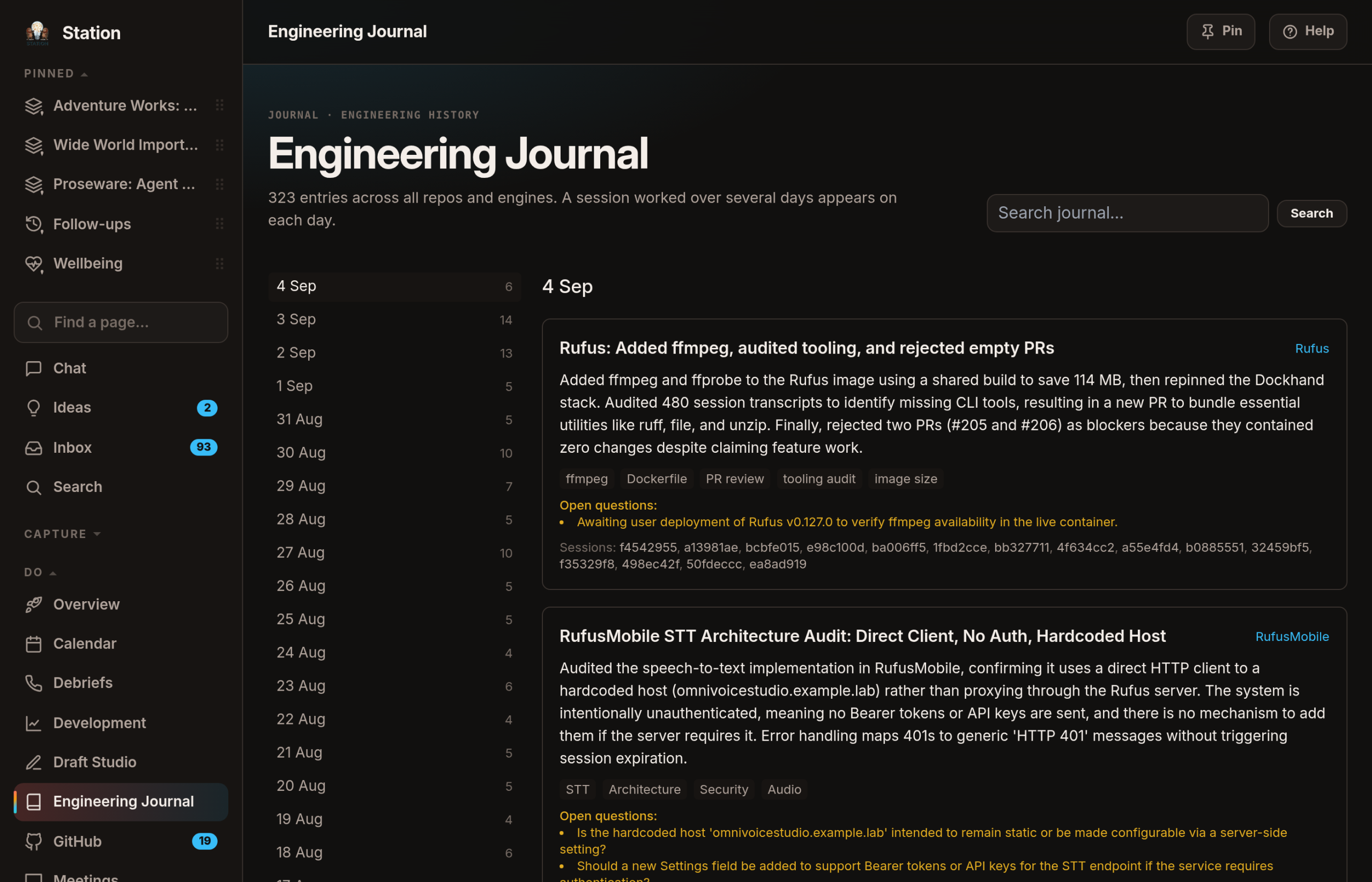 The engineering journal: a date index, and each project I touched that day summarised in plain English.