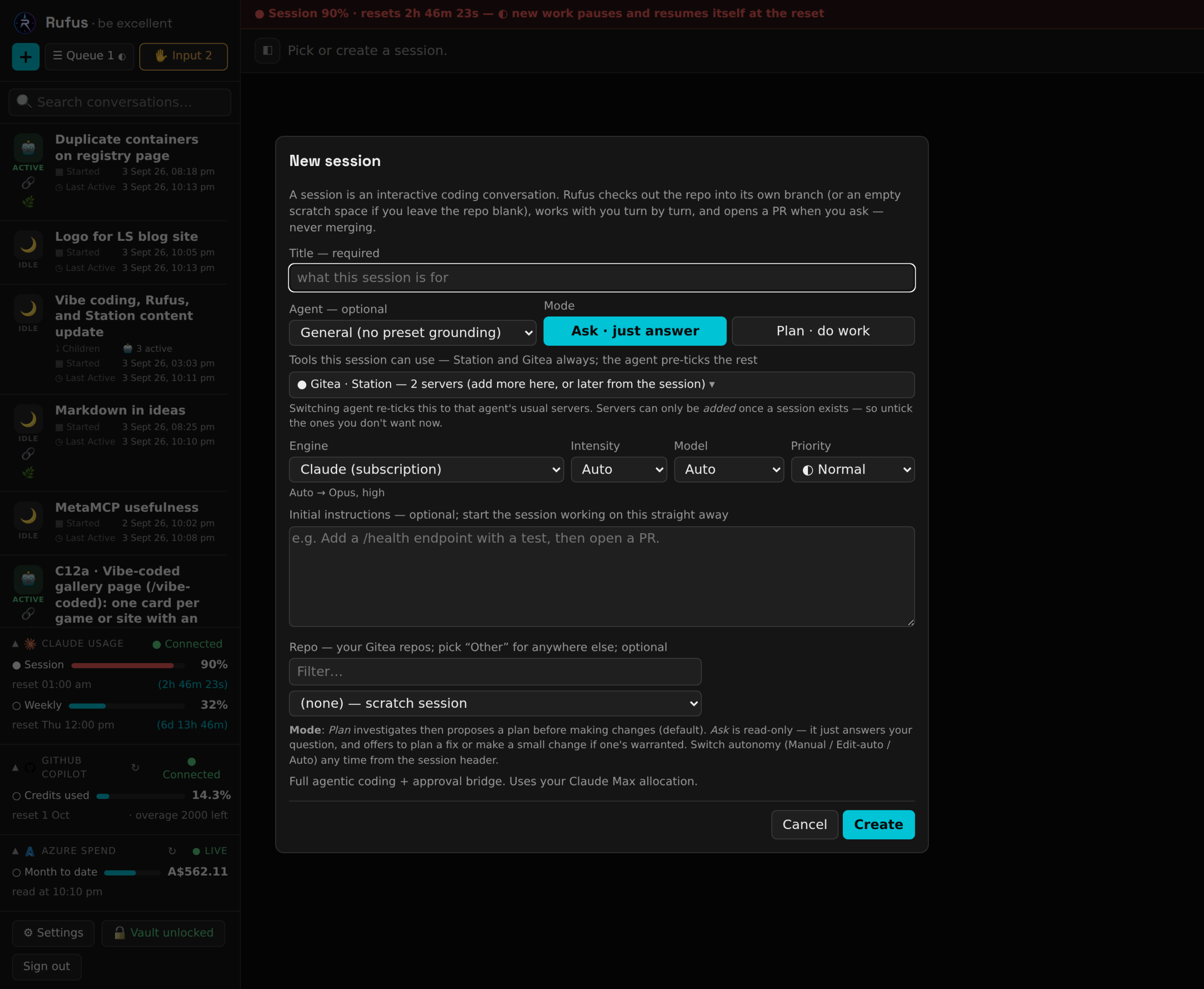 The New session dialog: a title, an agent, which tools the session may use, and pickers for engine, intensity, model and priority