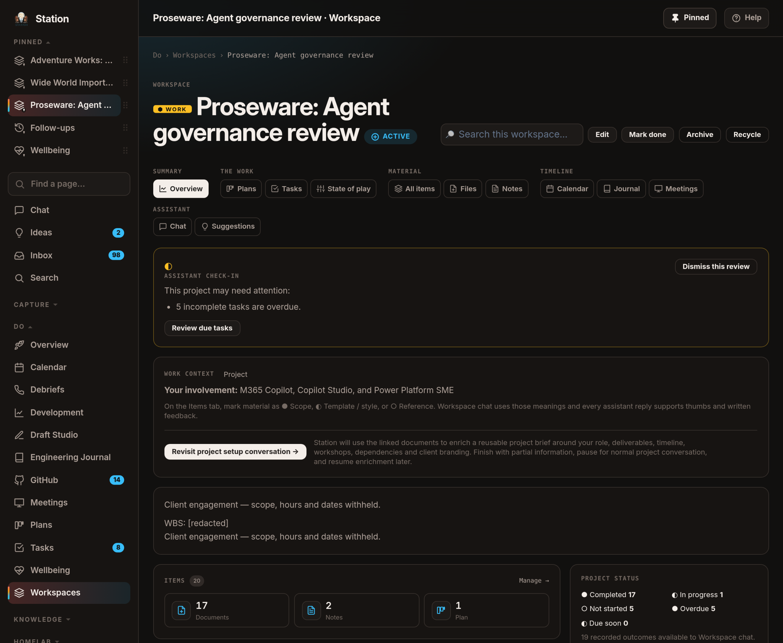 A client project's overview: its tabs, and a check-in saying five tasks are overdue.