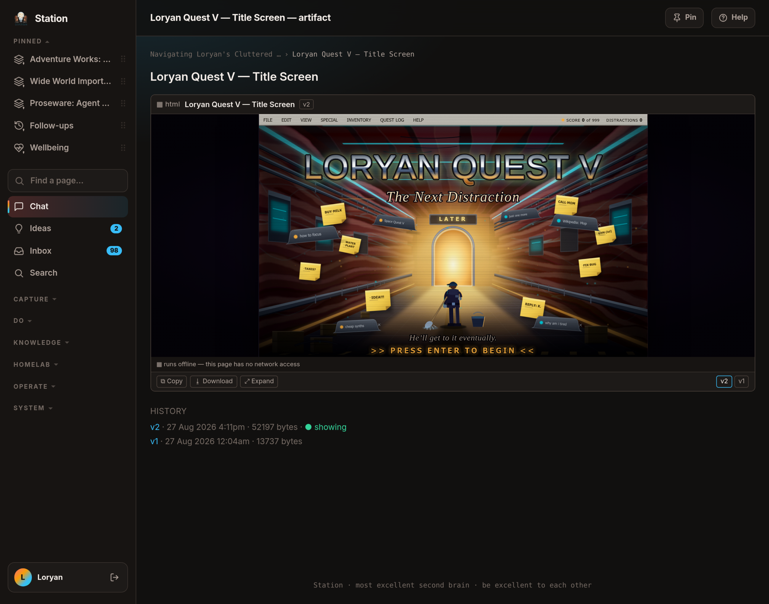 An artifact page: a small working title screen the chat produced, with copy, download and expand buttons, a note saying it runs offline with no network access, and a version history listing v2 and v1 with their dates and sizes.