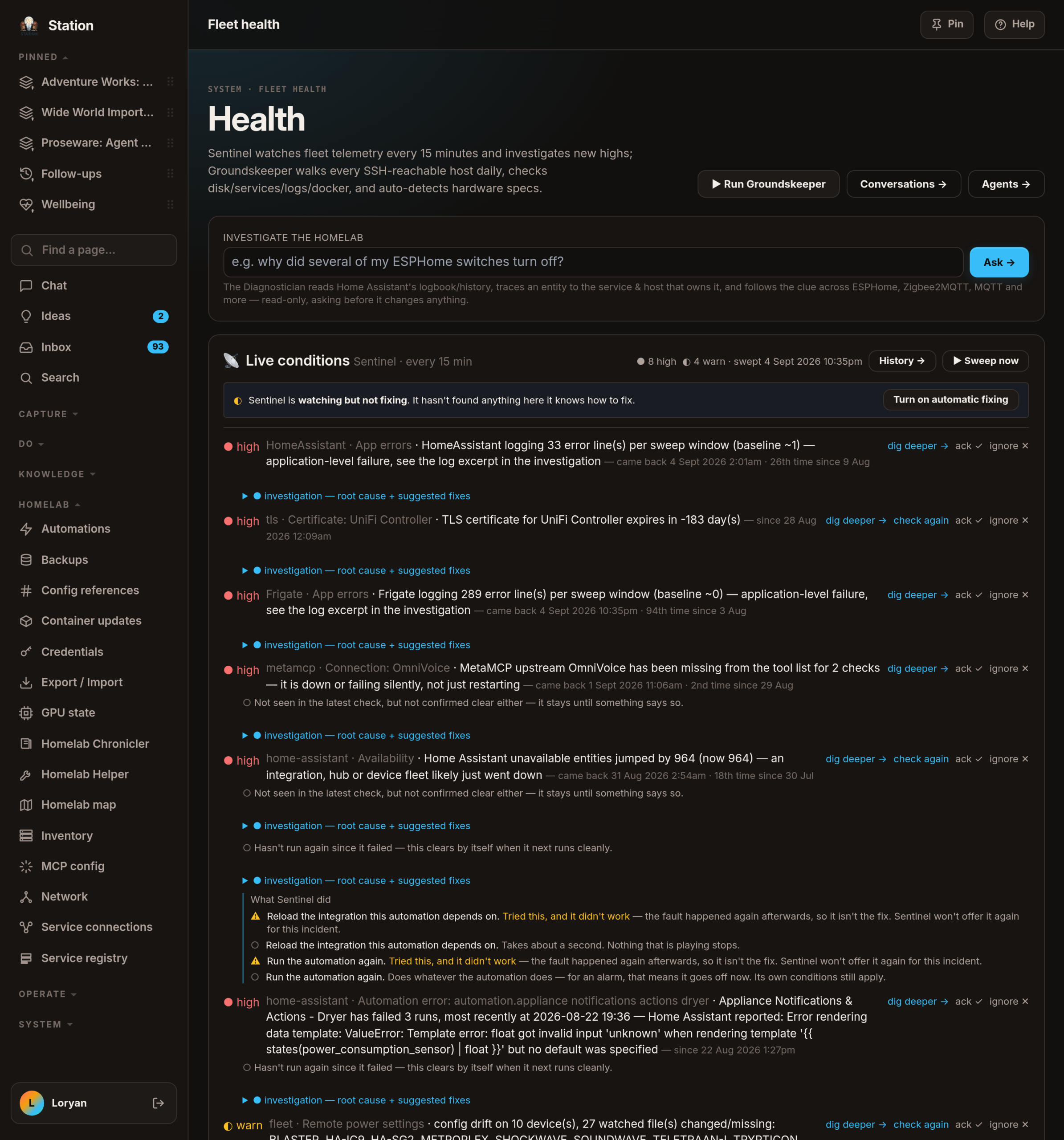 The Health screen: Sentinel's live conditions, each with a severity word beside its shape, and a banner saying Sentinel is watching but not fixing.