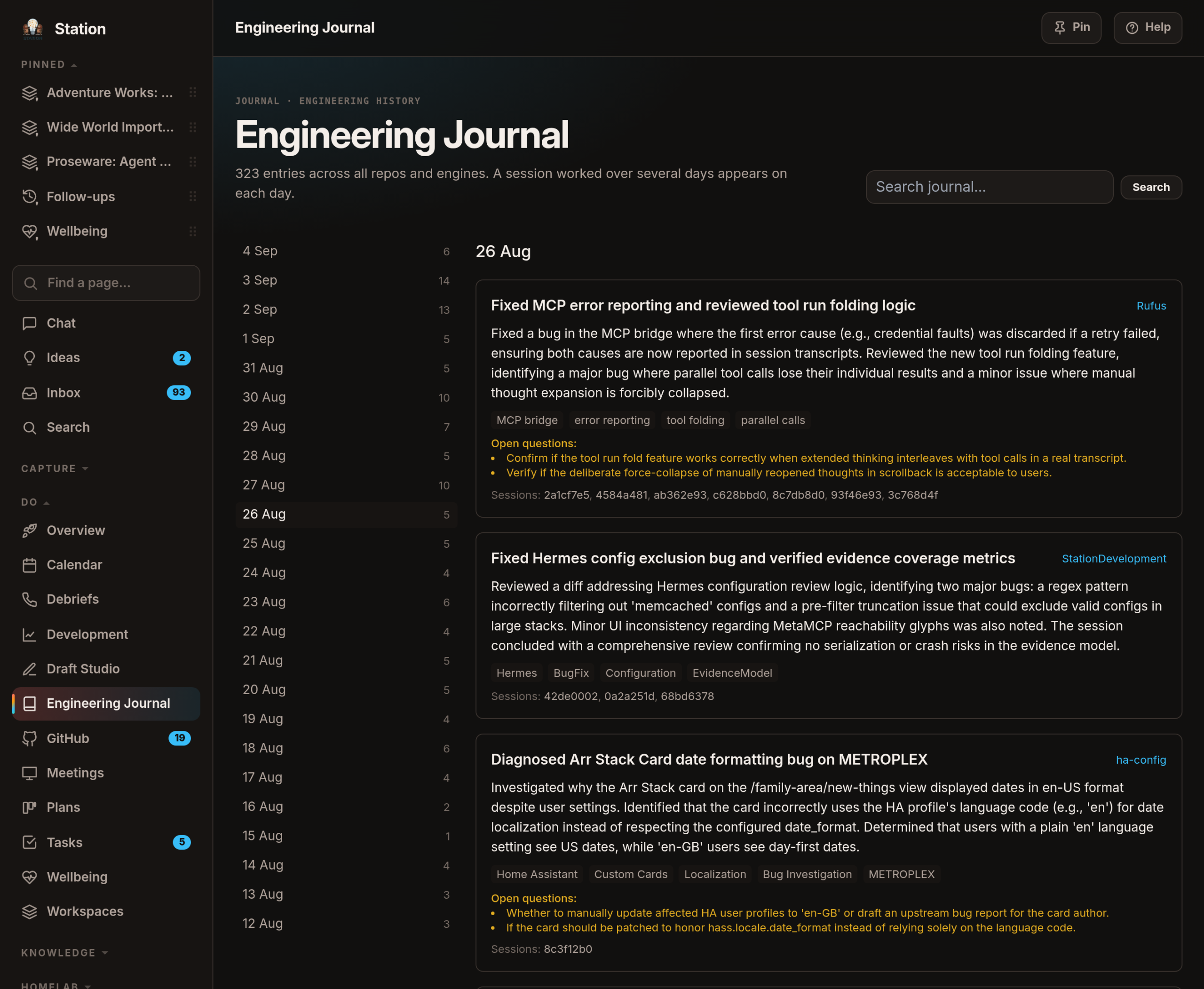 One day in the journal: each project I worked on, summarised in a paragraph or two.