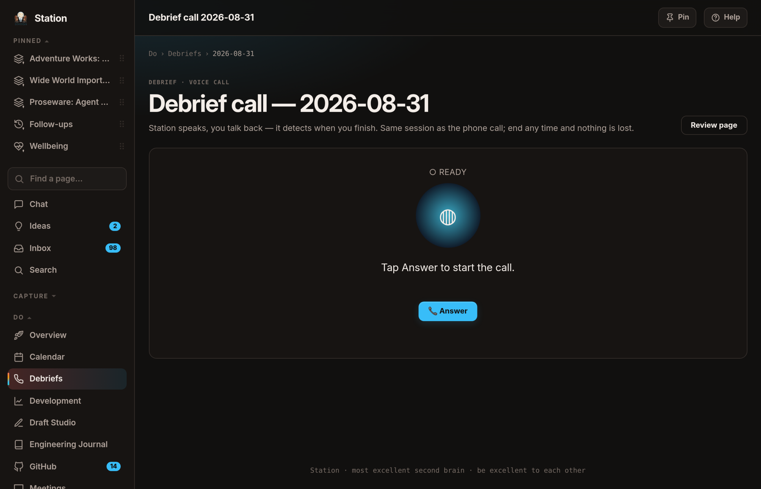 The evening call screen: a large listening circle marked ready, the line "Tap Answer to start the call", and an Answer button.