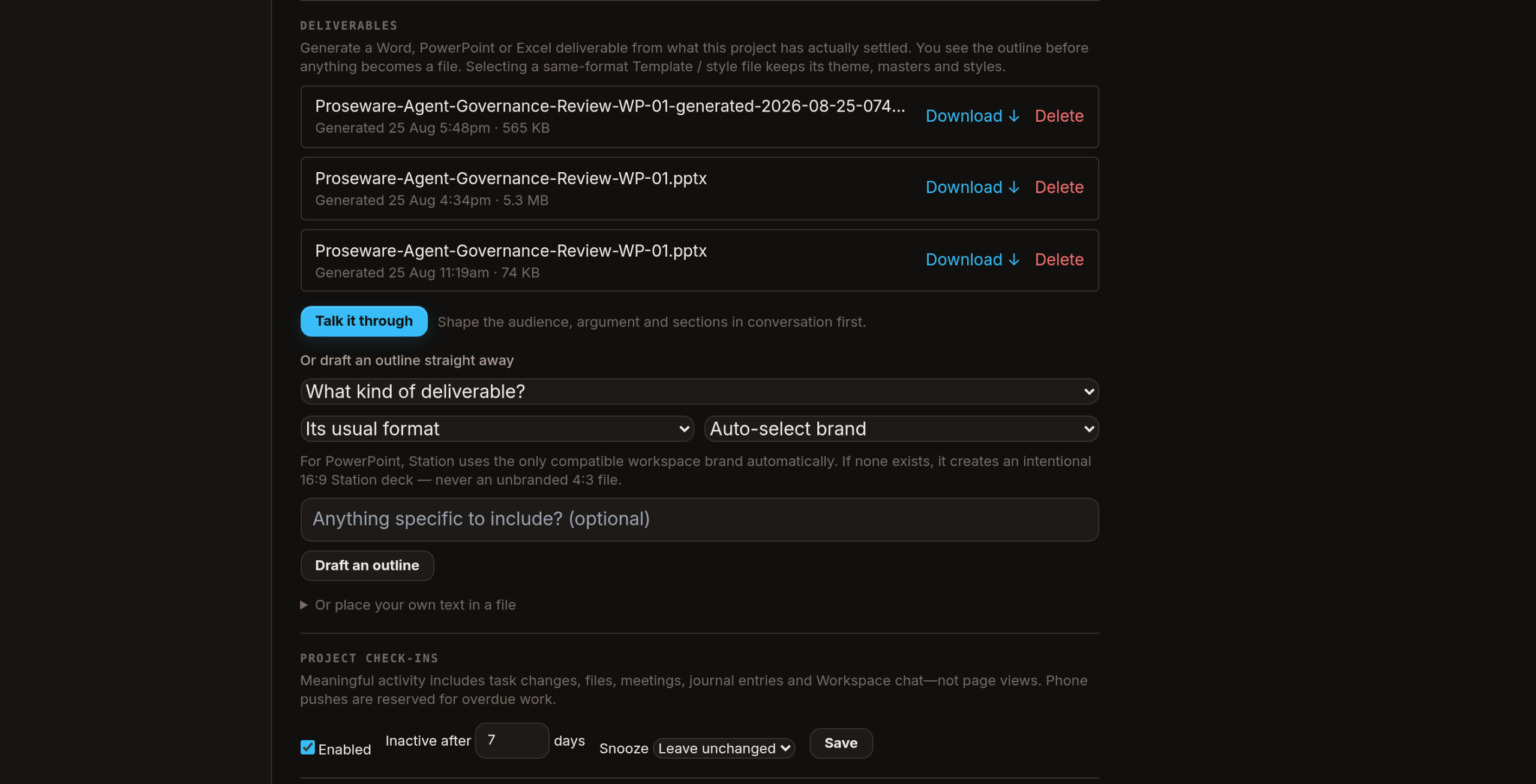 The deliverables panel: files already generated from the register, and the two ways to start a new one.