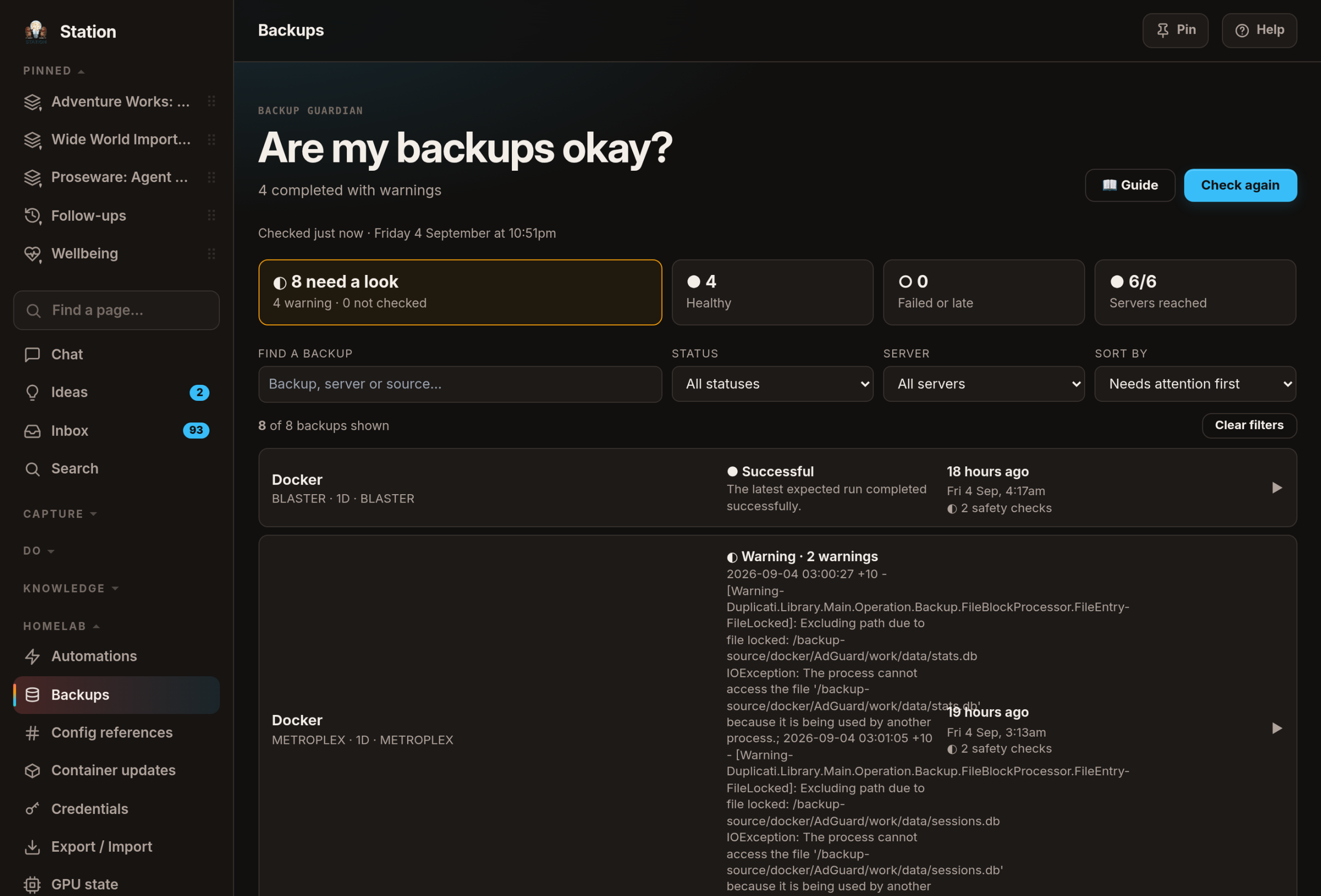 The Backup Guardian screen, headed "Are my backups okay?", with tiles counting healthy, failed and not-checked backups.