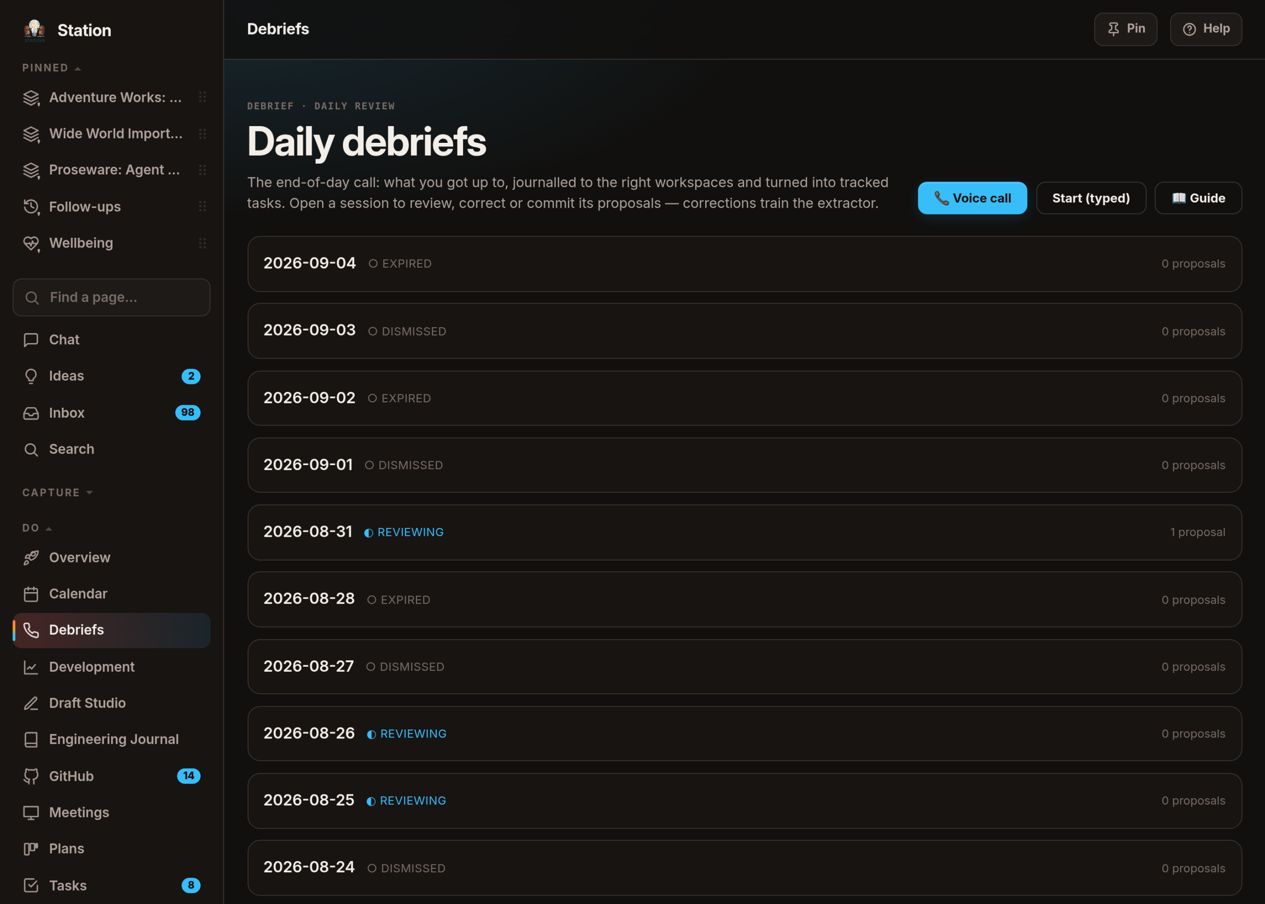 The list of daily debriefs: one row per weekday with its date and status, shown as a shape and a word — expired, dismissed or reviewing.