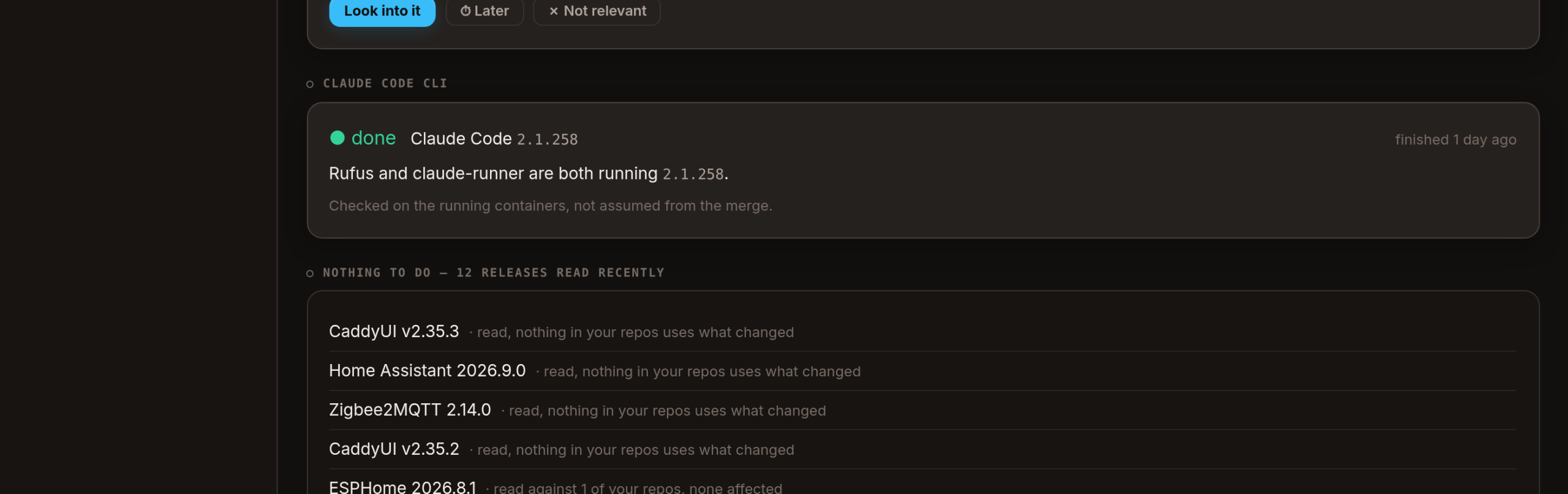 The release screen: the coding tool's last update shown as done, with Station confirming from the running containers themselves that both are on the new version, above the recent releases it read and found nothing to do about.