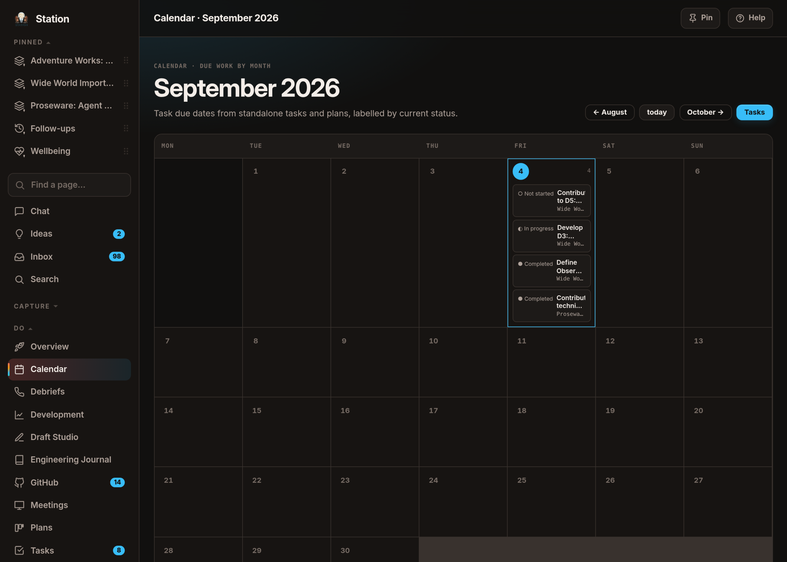 The calendar inside Station: every task and plan step with a due date laid out by month, each labelled with its status and its workspace, with client names substituted.
