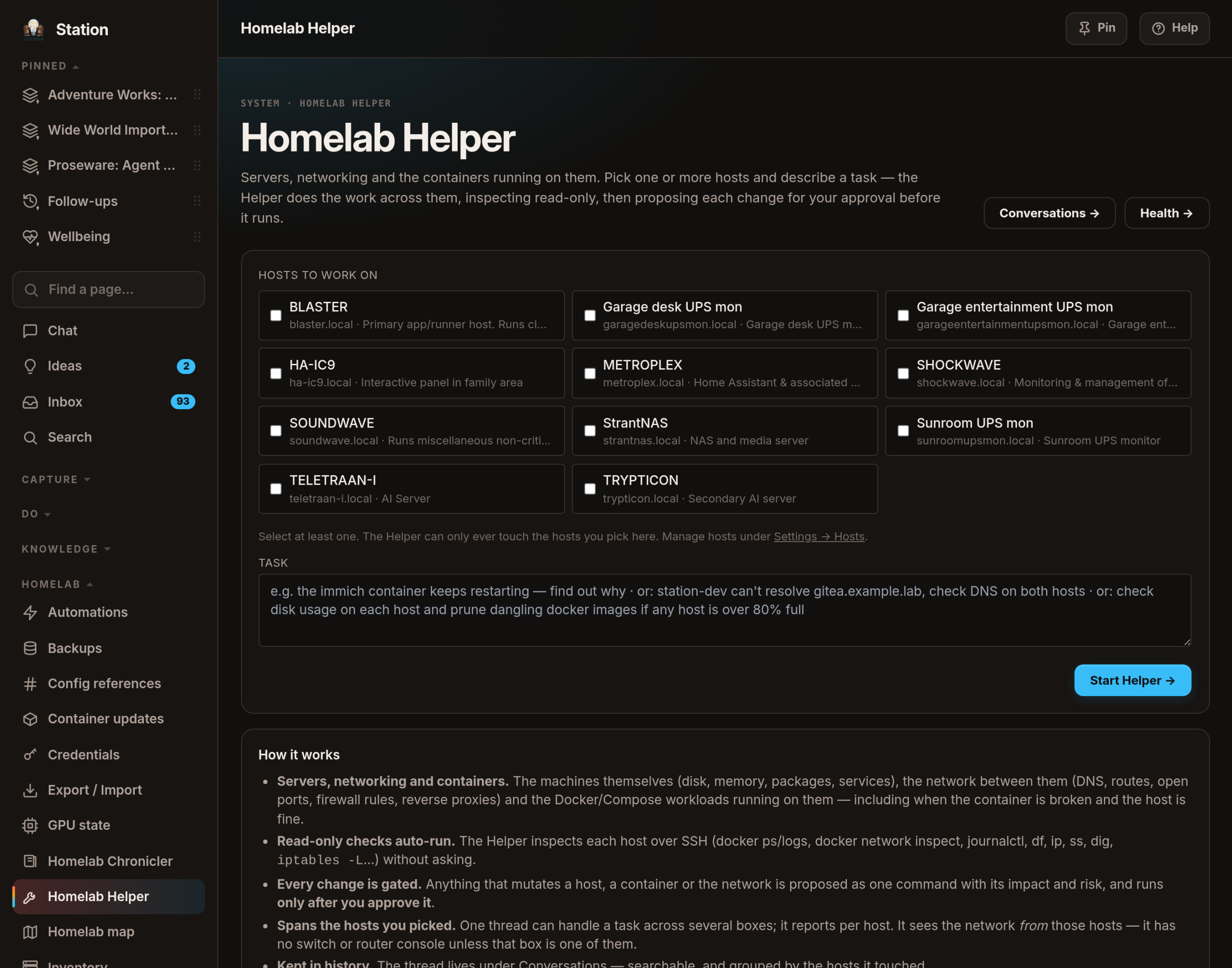The Homelab Helper: a tick box per machine above the task box, with the note that the Helper can only ever touch the hosts you pick.