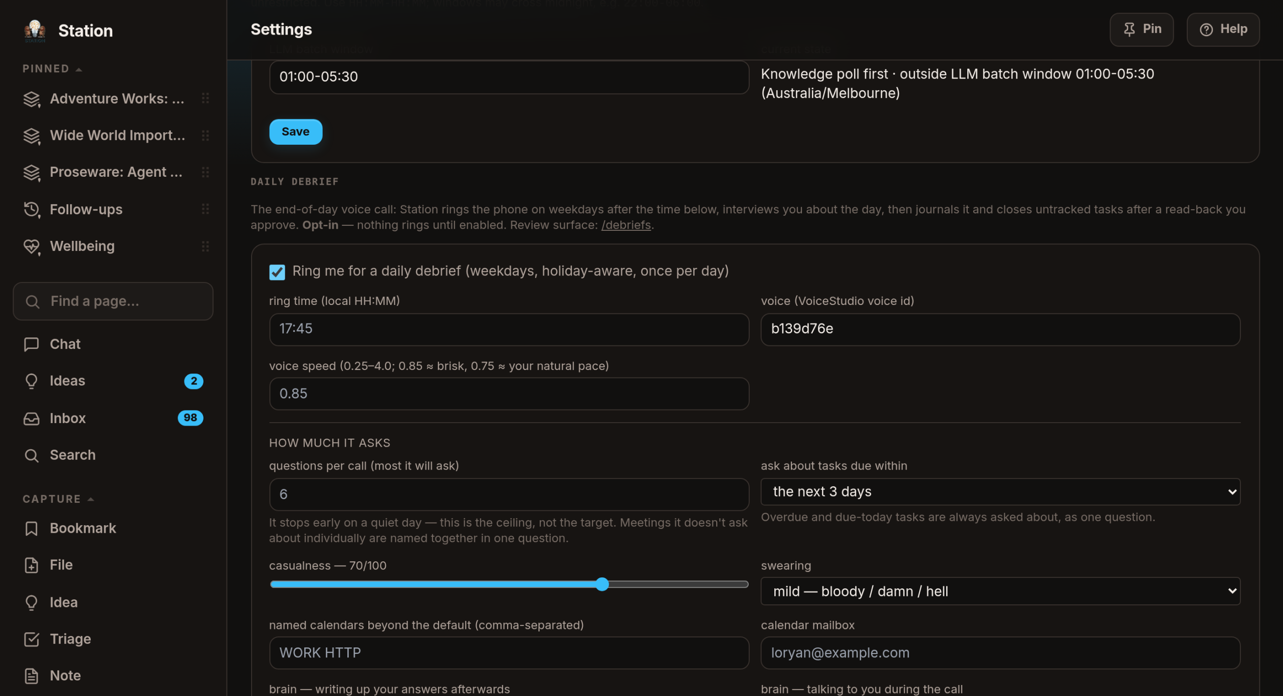 The daily debrief settings: ring time, the voice it speaks in, voice speed, how many questions it may ask, a casualness slider, and which model talks during the call versus which one writes the answers up afterwards.