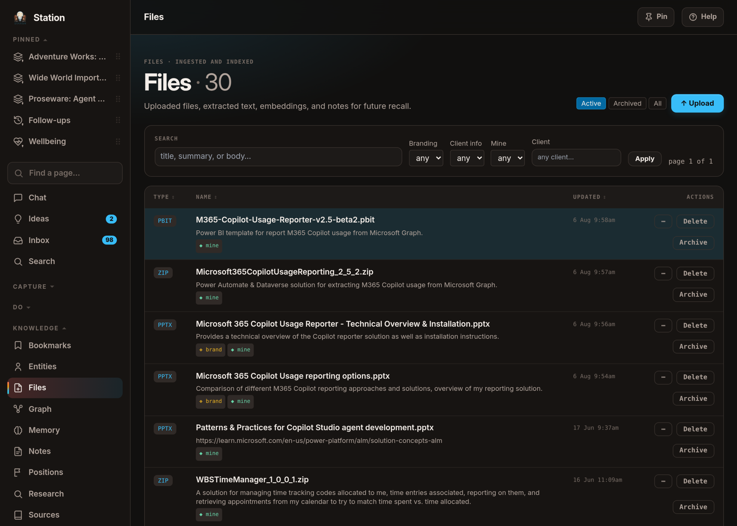 The Files library: each document with its type, name, one-line summary and when it last changed, plus filters for branding, client information and whether the file is my own writing.
