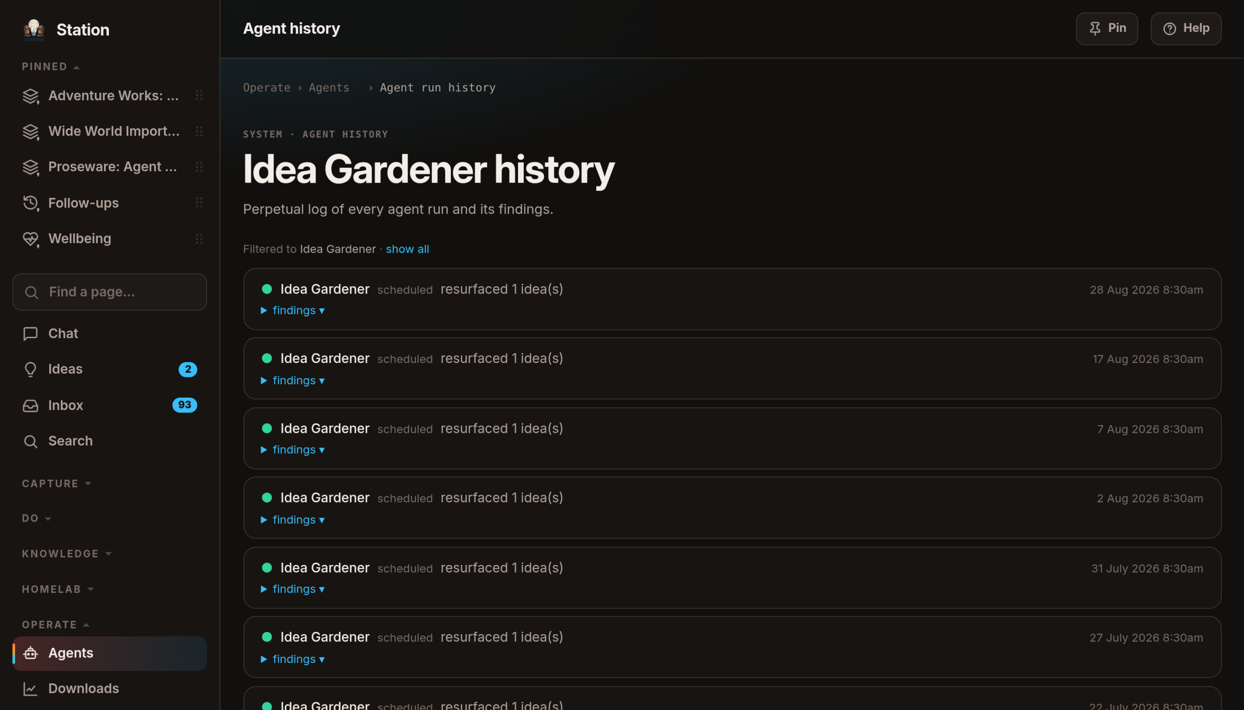 The Idea Gardener's run history: one row per morning, each saying how many ideas it resurfaced.