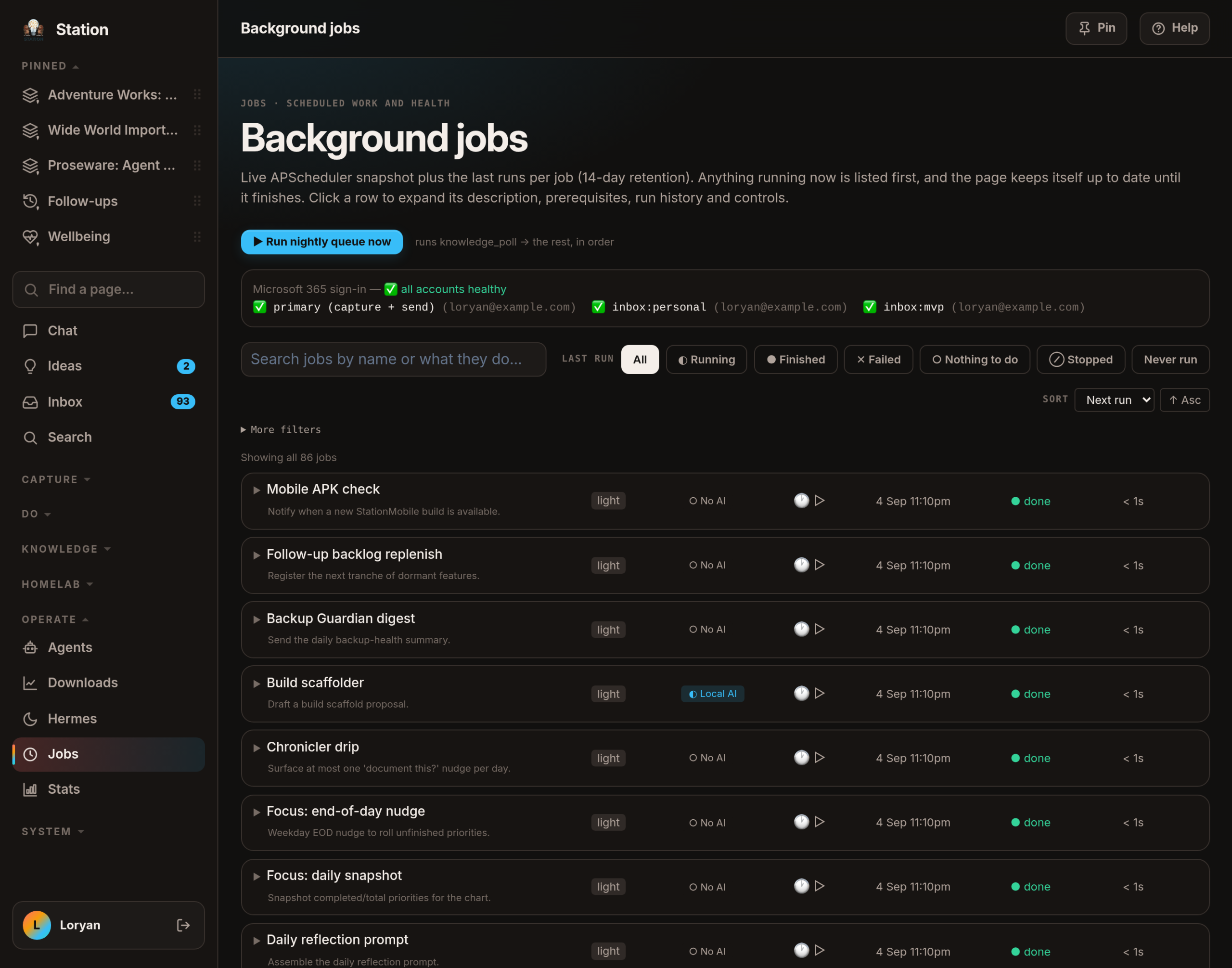 The jobs screen: a search box and a row of chips for what each job last did, a sort control, and then all 86 scheduled tasks — each with when it next runs, when it last ran, what it decided and how long it took.