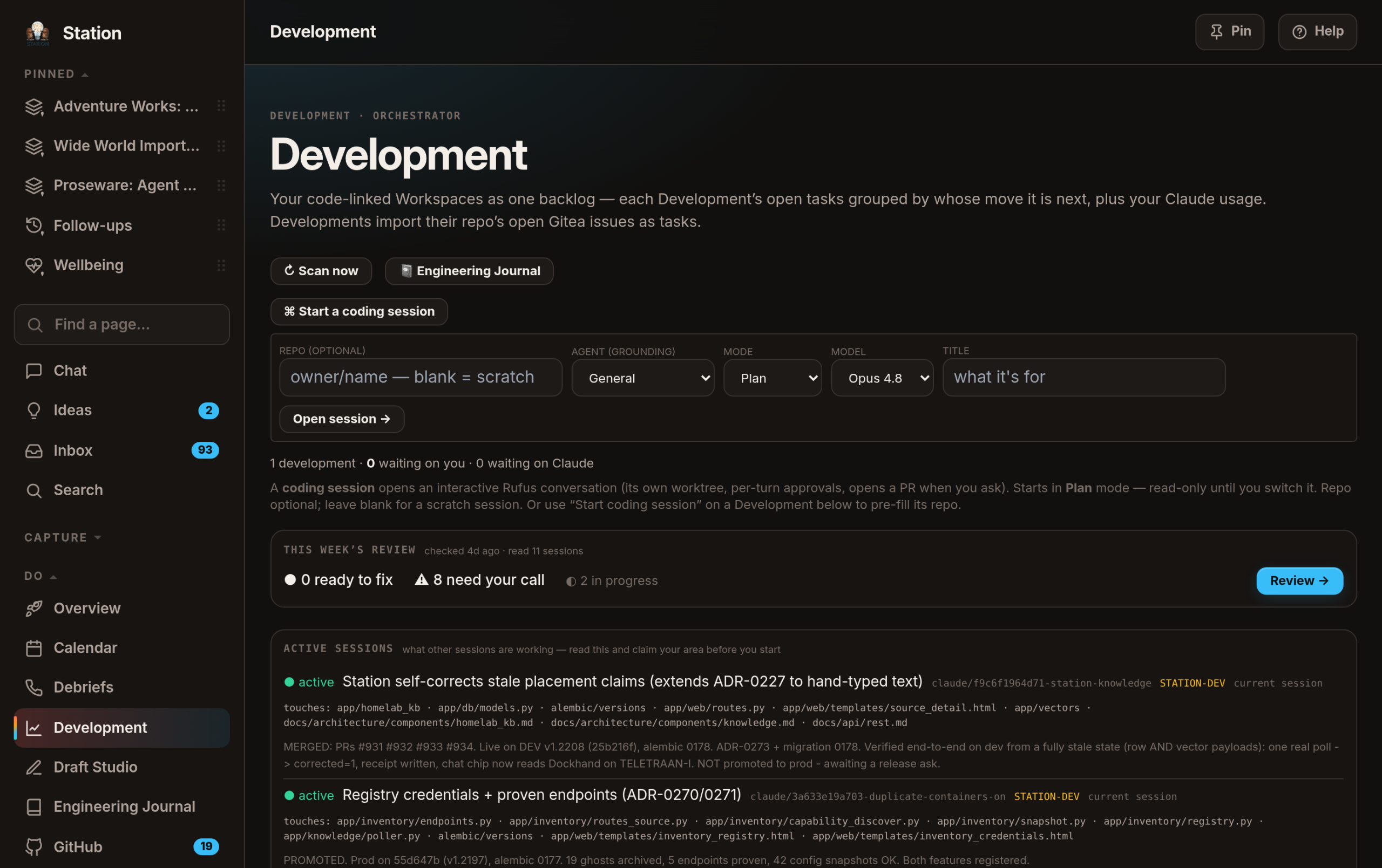 Station's Development board with the "start a coding session" form open, above the list of what every live session is working on