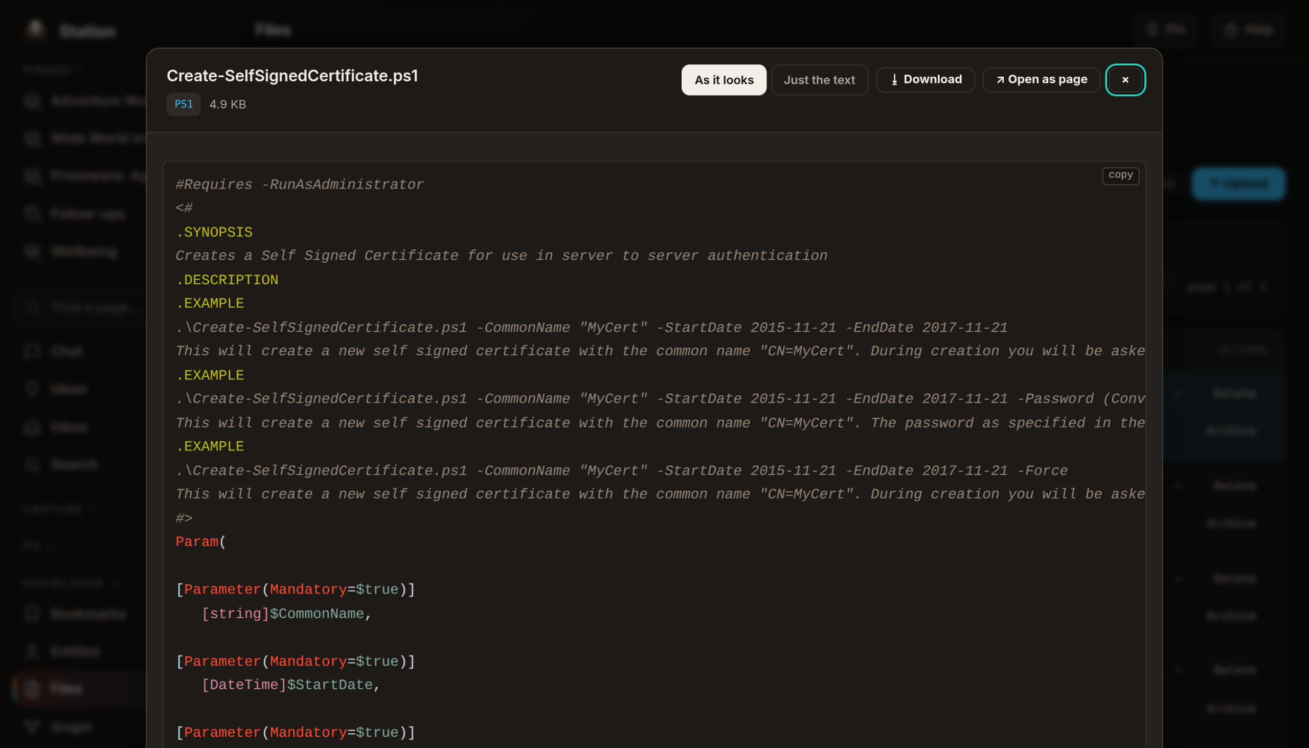 A file open in Station's reader: a PowerShell script rendered with syntax highlighting, with As it looks, Just the text, Download and Open as page across the top.