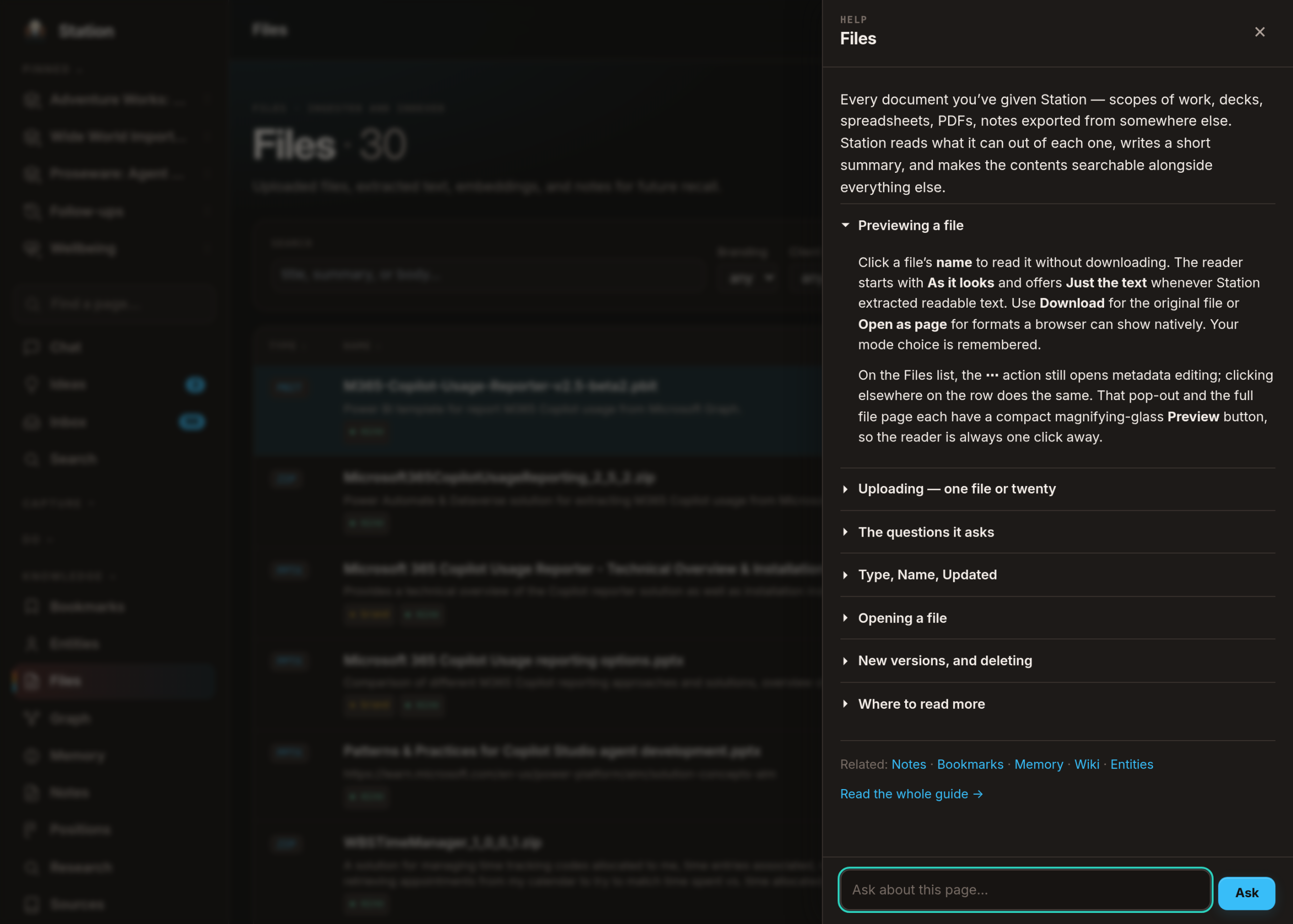 The help panel open over the Files screen: what the page is for, an expanded section on previewing a file, more sections folded below, and an ask box at the bottom.